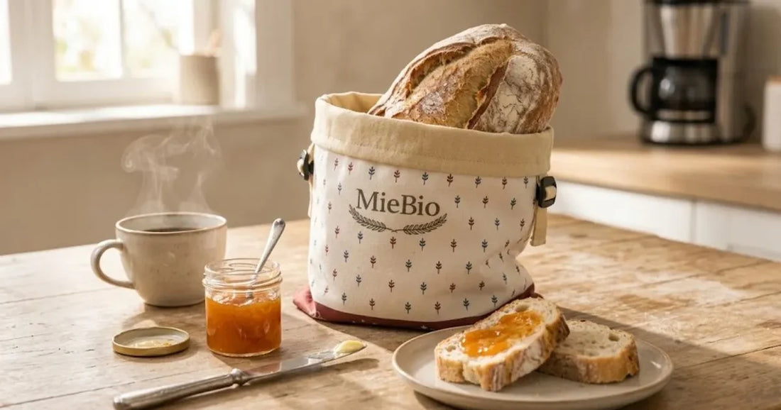 Sac à pain MieBio sur une table de petit déjeuner avec café, confiture et tartines