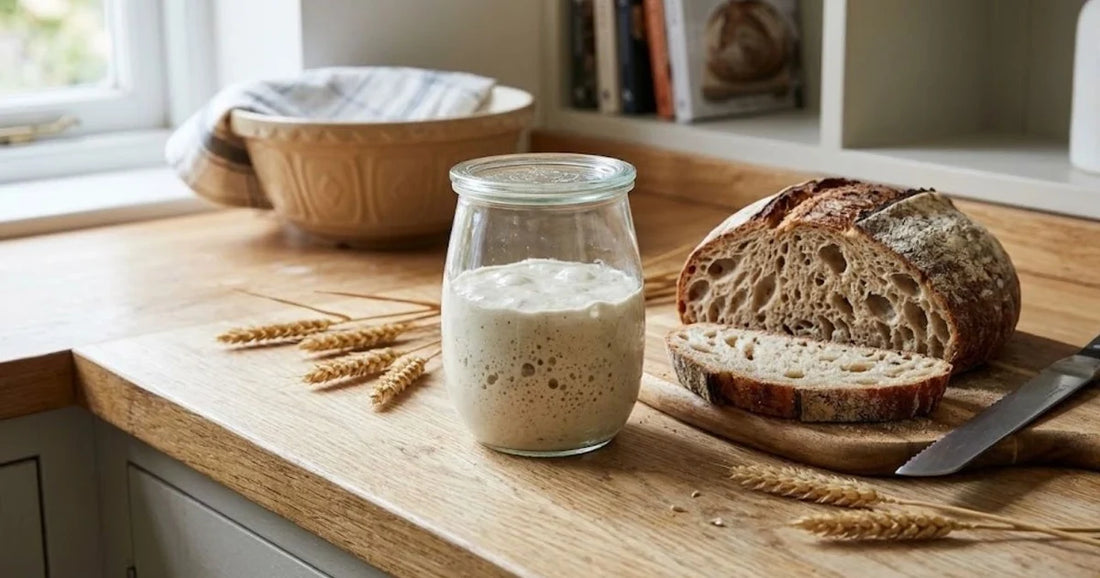 Bocal de levain bullé à côté d'un pain au levain tranché et d'épis de blé