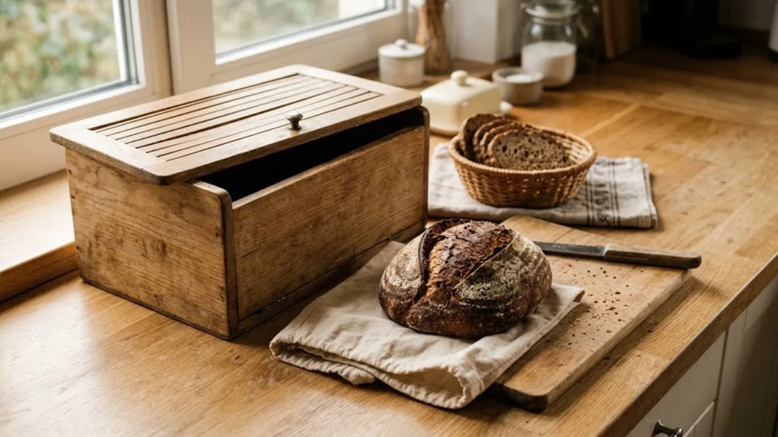 Boîte à pain en bois ouverte, miche de pain de campagne posée sur un sac à pain en coton et corbeille à pain en osier sur un plan de travail