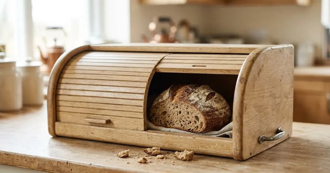 Boîte à pain en bois à rideau ouverte avec une miche de pain rangée à l'intérieur