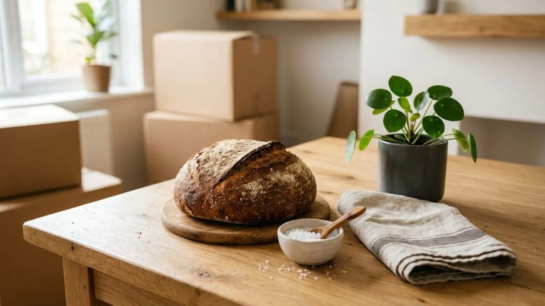 Pain de campagne, bol de sel et plante posés sur une table en bois pour un cadeau de crémaillère