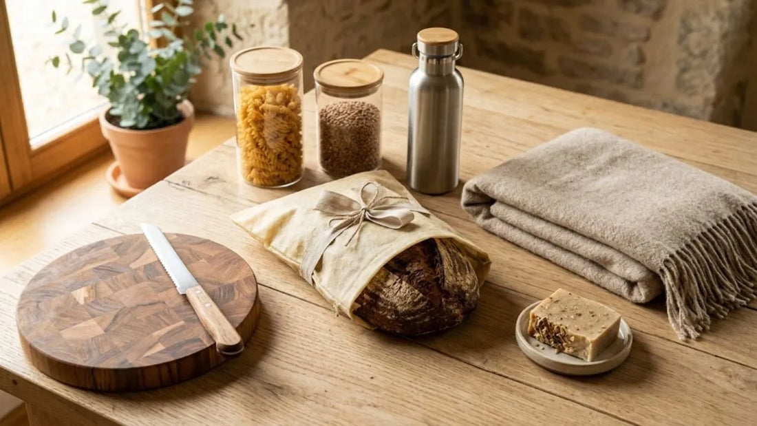 Idées de cadeaux utiles et écologiques sur une table en bois : sac à pain en coton ciré, bocaux en verre, planche à découper, gourde et plaid en laine