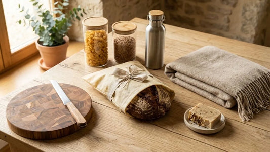 Idées de cadeaux utiles et écologiques sur une table en bois : sac à pain en coton ciré, bocaux en verre, planche à découper, gourde et plaid en laine