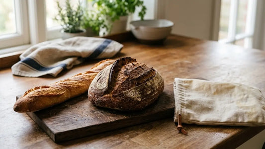 Miche de campagne et baguette sur une planche, à côté d'un sac en coton ciré