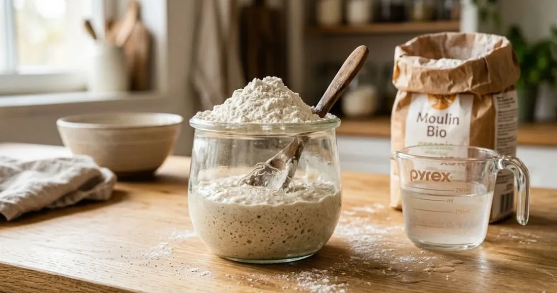Farine versée dans un bocal de levain lors du rafraîchi, verre doseur d'eau à côté