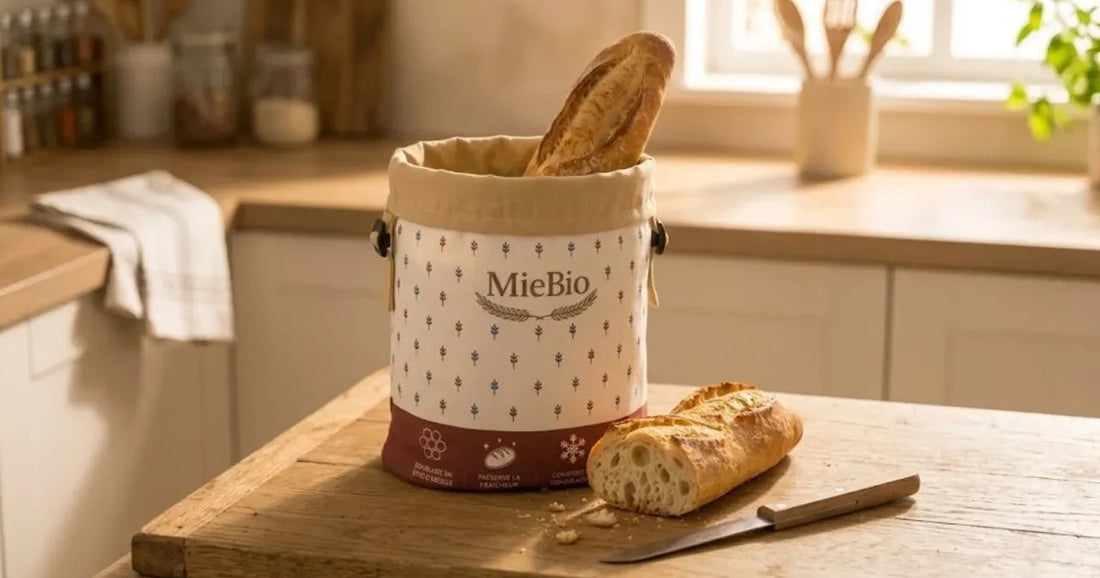 Baguettes rangées dans le sac à pain MieBio sur un plan de travail