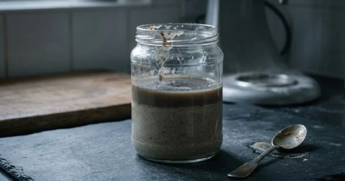 Bocal de levain délaissé avec une couche de liquide gris en surface