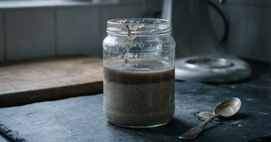 Bocal de levain délaissé avec une couche de liquide gris en surface