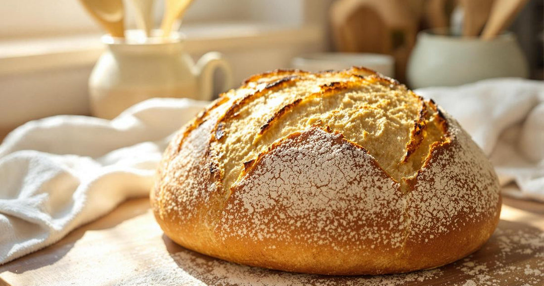 Miche de pain maison dorée posée sur une planche en bois