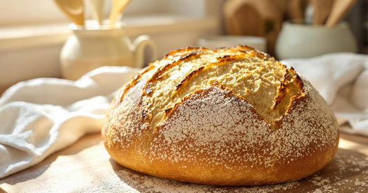 Miche de pain maison dorée posée sur une planche en bois