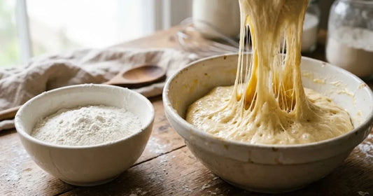 Bol de farine très fine à côté d'une pâte à brioche élastique et filante