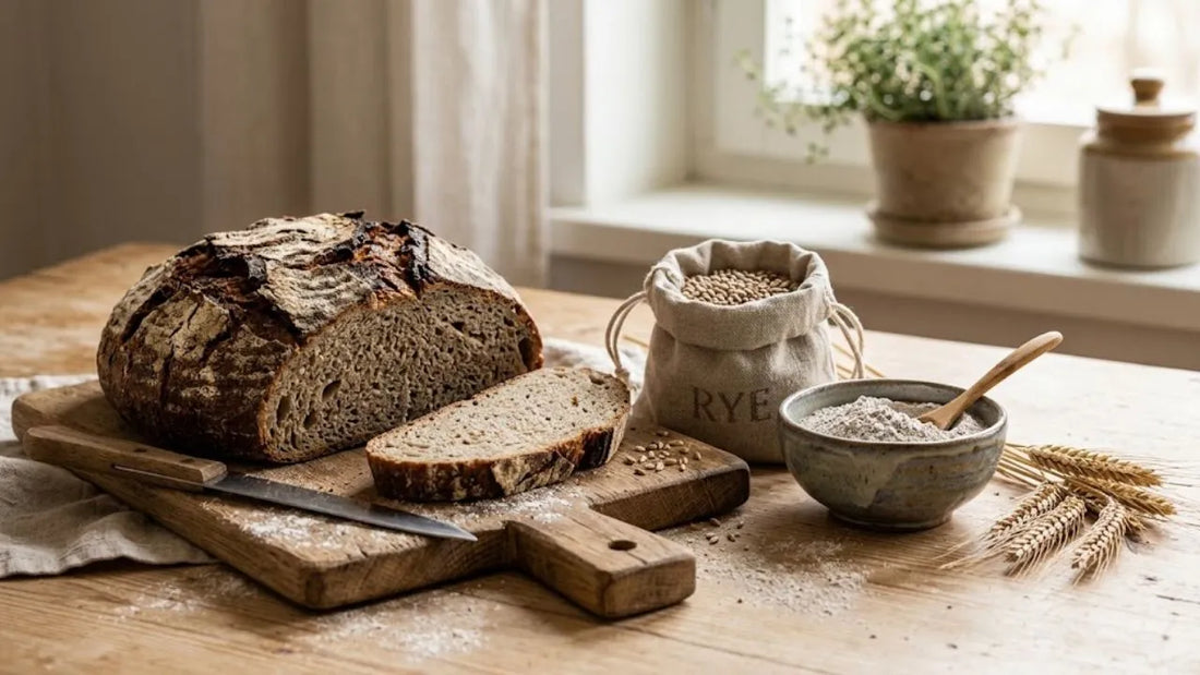 Pain de seigle au levain tranché à côté d'un bol de farine de seigle et d'épis de seigle