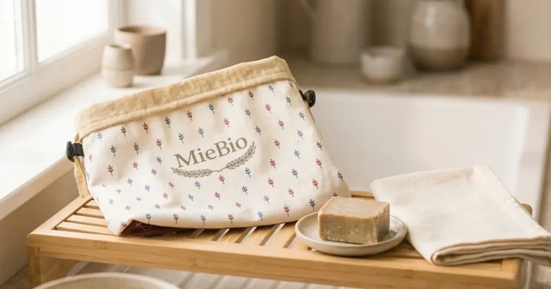 Sac à pain MieBio en train de sécher sur un égouttoir à côté d'un savon doux