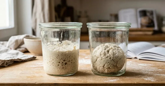 Deux bocaux côte à côte, un levain liquide bullé et un levain ferme en boule