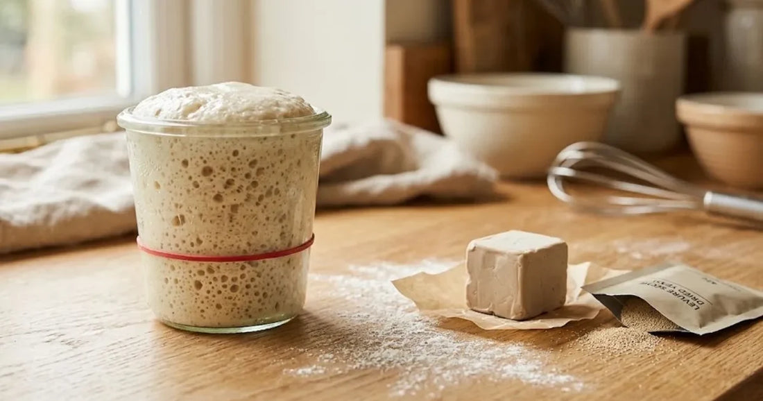 Bocal de levain naturel bullé à côté d'un cube de levure de boulanger fraîche