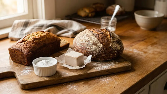 Coupelle de levure chimique en poudre à côté d'un cube de levure fraîche, un cake et une miche
