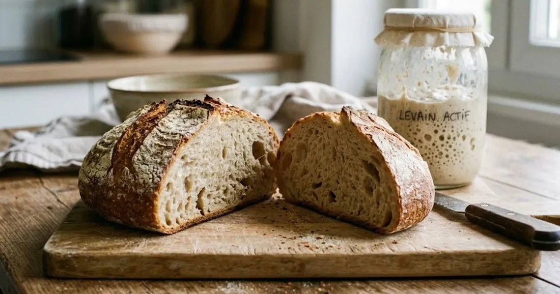 Miche de pain au levain coupée en deux, mie alvéolée, bocal de levain derrière