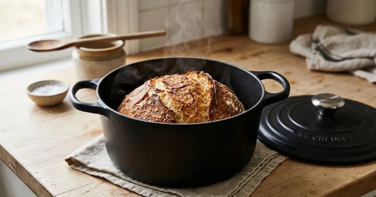 Miche dorée dans une cocotte en fonte ouverte, couvercle posé à côté