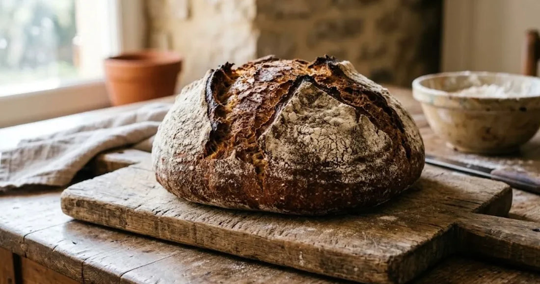 Grosse miche de pain de campagne à la croûte farinée et grignée