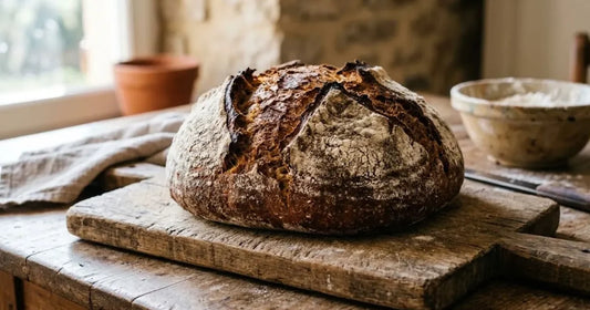 Grosse miche de pain de campagne à la croûte farinée et grignée