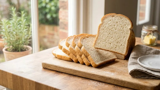 Tranches de pain de mie en éventail sur une planche en bois près d'une fenêtre