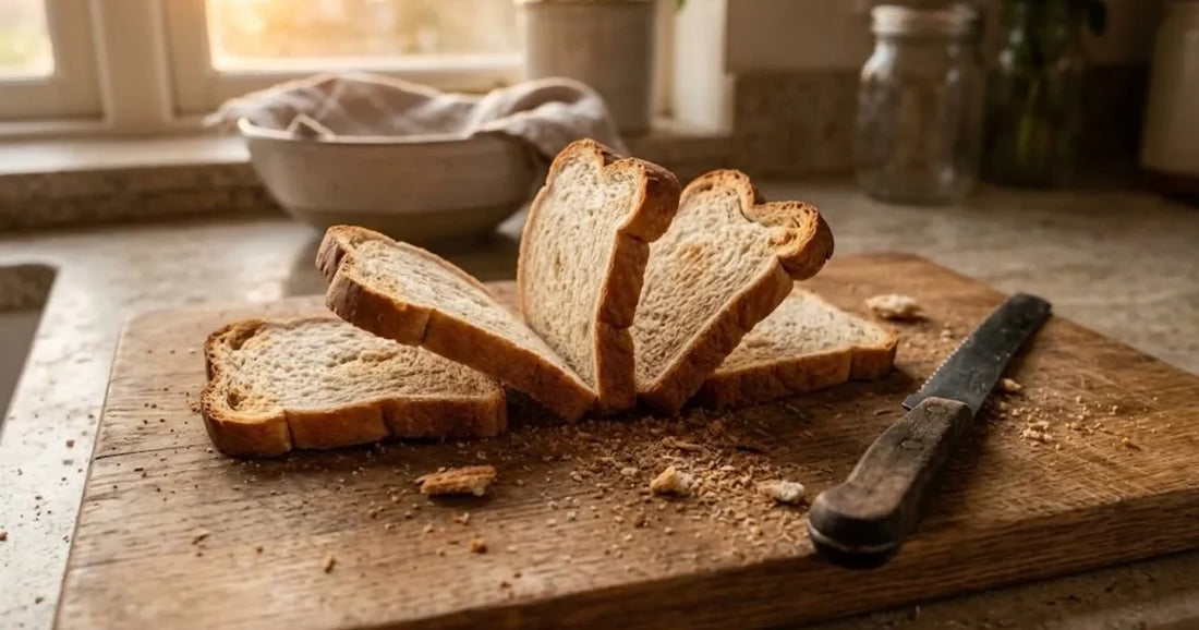 Tranches de pain de mie desséchées posées en éventail sur une planche