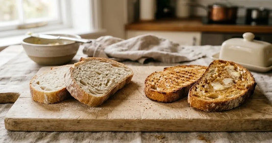 Tranches de pain frais à gauche et tranches de pain grillé beurrées à droite sur une planche