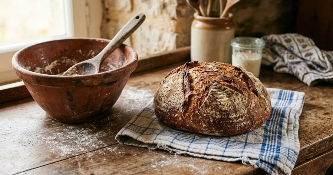 Miche de pain maison sur un torchon à carreaux avec un saladier en terre cuite