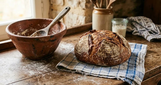 Miche de pain maison sur un torchon à carreaux avec un saladier en terre cuite