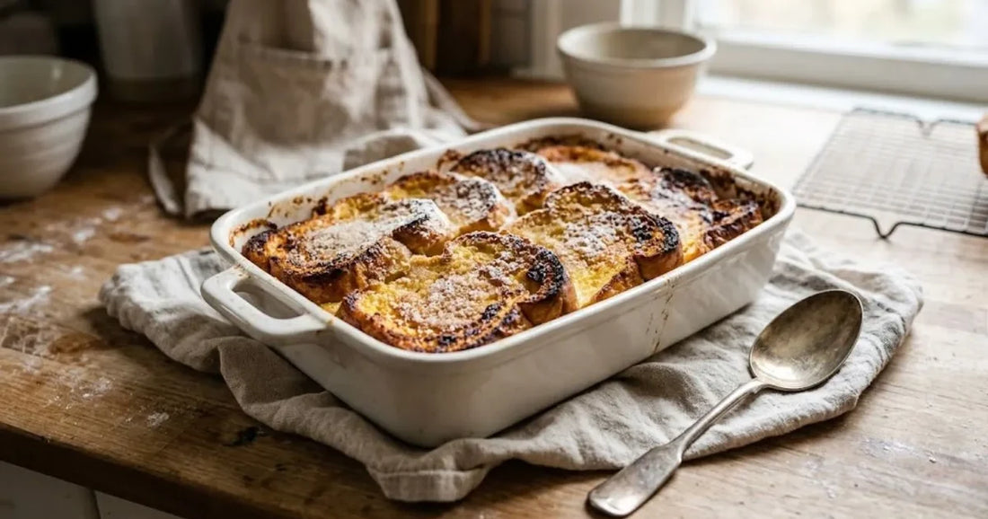 Plat de pain perdu doré sortant du four avec une cuillère de service