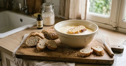 Baguette rassie tranchée épais à côté d'un saladier d'appareil aux œufs