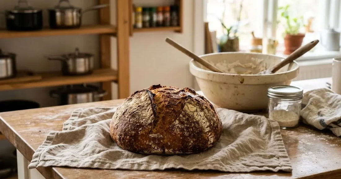 Pain rustique tout juste sorti du four posé sur un torchon en lin
