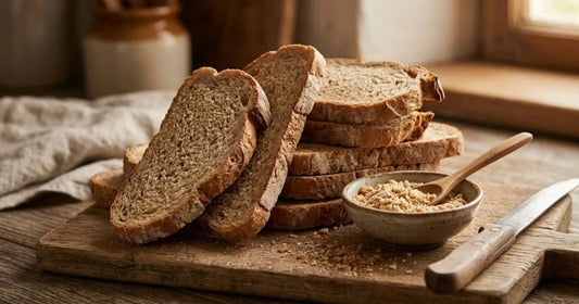 Tranches de pain rassis empilées sur une planche avec un bol de chapelure maison