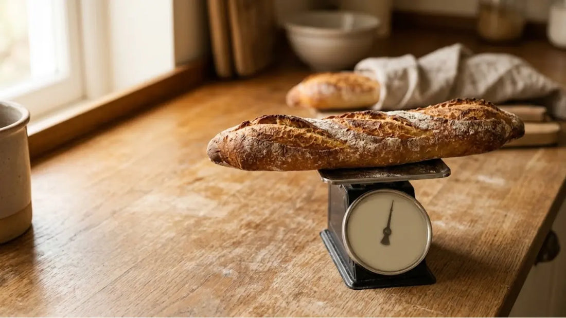 Baguette posée sur une balance de cuisine sur un plan de travail en bois