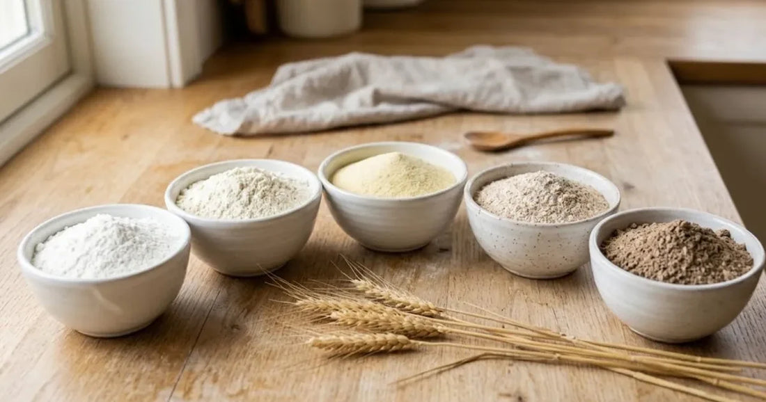 Cinq bols de farines du blanc au complet alignés avec des épis de blé