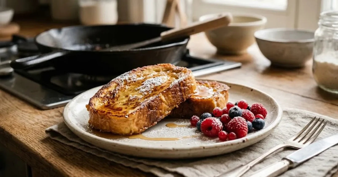 Deux tranches de pain perdu dorées à la poêle avec sucre glace et fruits rouges