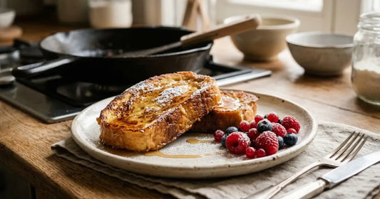 Deux tranches de pain perdu dorées à la poêle avec sucre glace et fruits rouges