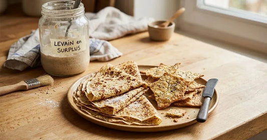 Bocal de levain en surplus à côté de crêpes et de crackers au levain