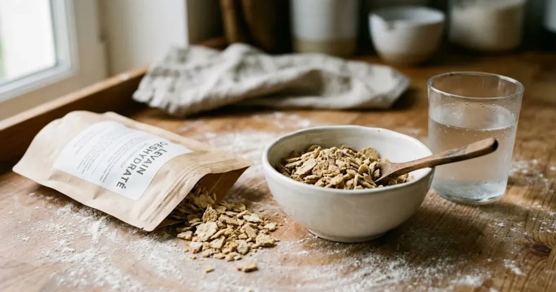 Sachet ouvert de levain déshydraté en paillettes, bol et verre d'eau tiède