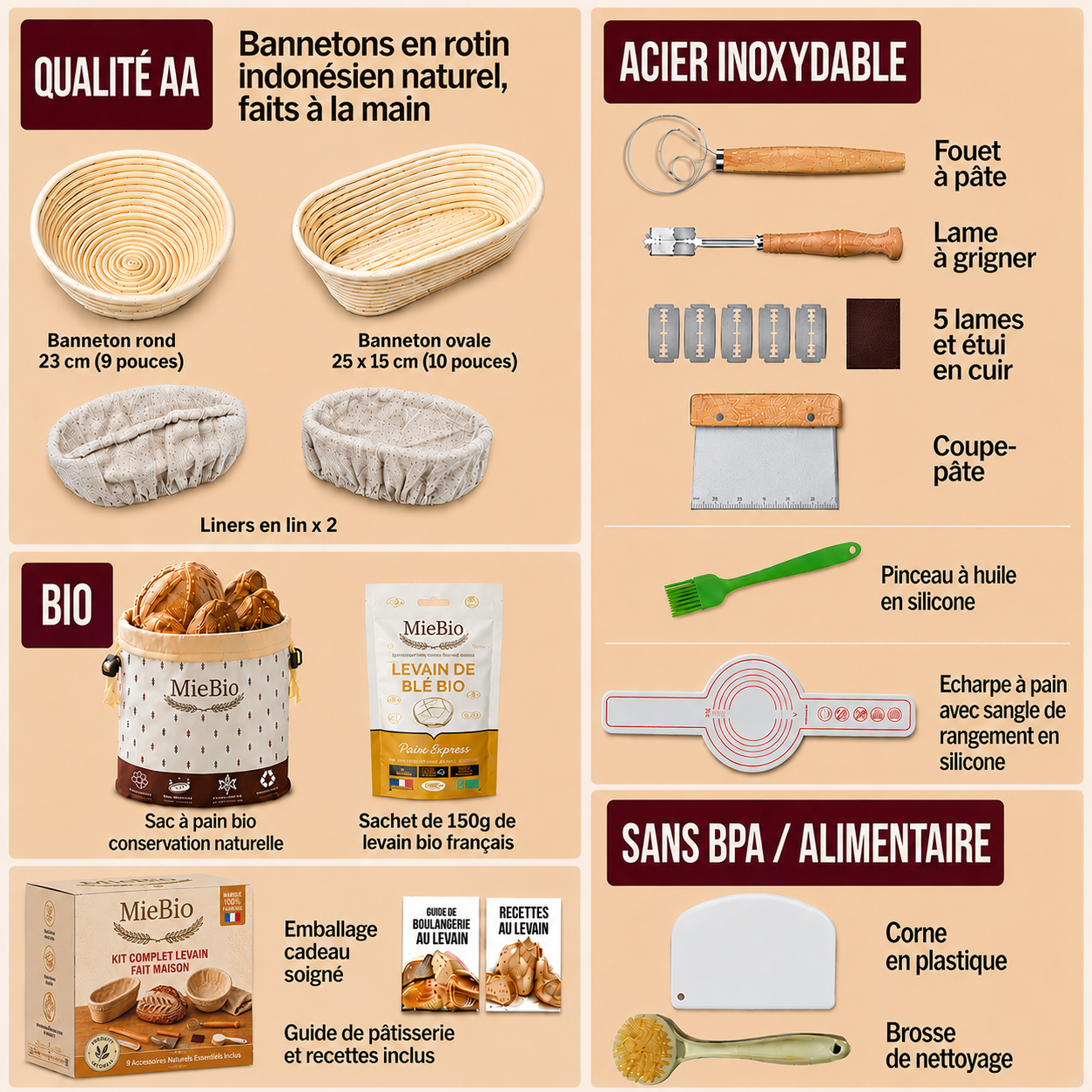 Bannetons en rotin naturel pour façonner le pain au levain maison