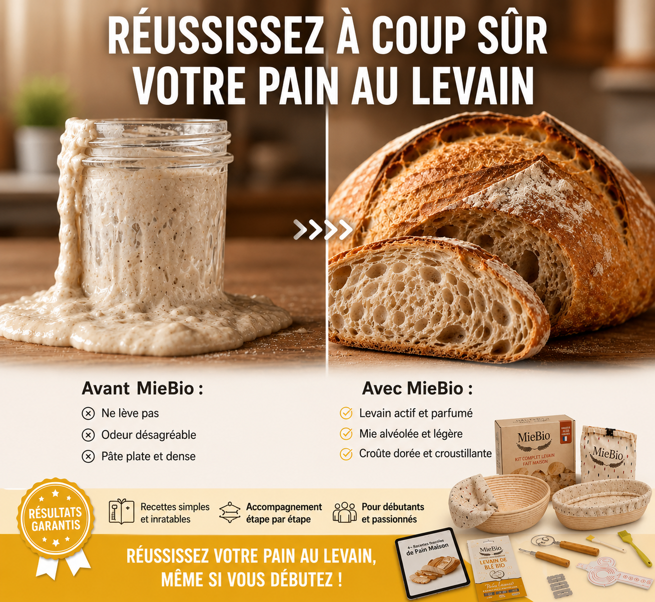 Kit pain au levain bio MieBio avec accessoires inox : lame à grigner et coupe-pâte