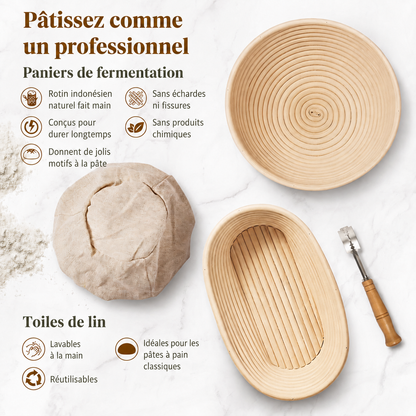 Contenu du kit pain au levain bio MieBio : bannetons, accessoires inox et matériaux naturels