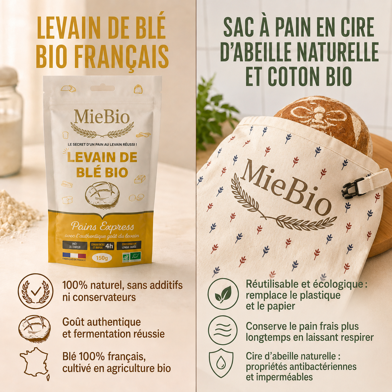 Kit pain au levain bio MieBio avec sac à pain en cire d'abeille et coton bio