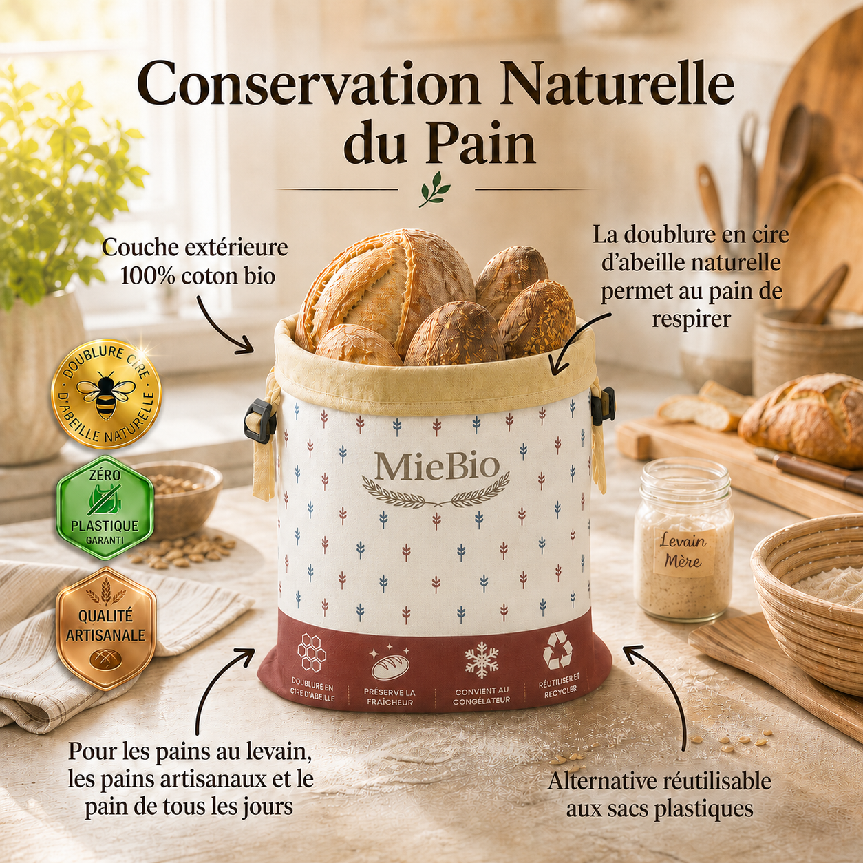 Sac à pain en cire d'abeille et coton bio MieBio, conservation naturelle du pain