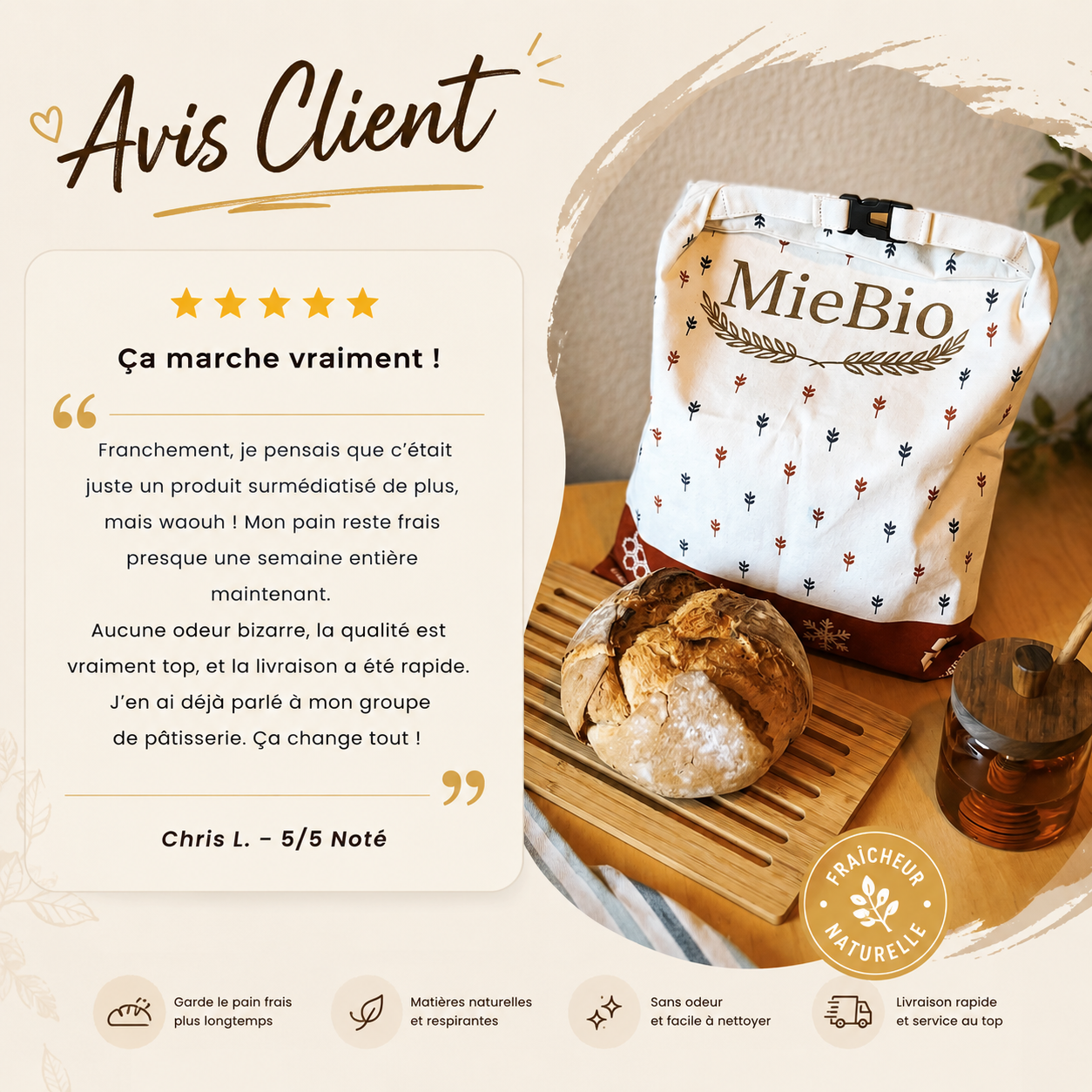 Détail de la fermeture et de la couture du sac à pain en coton bio