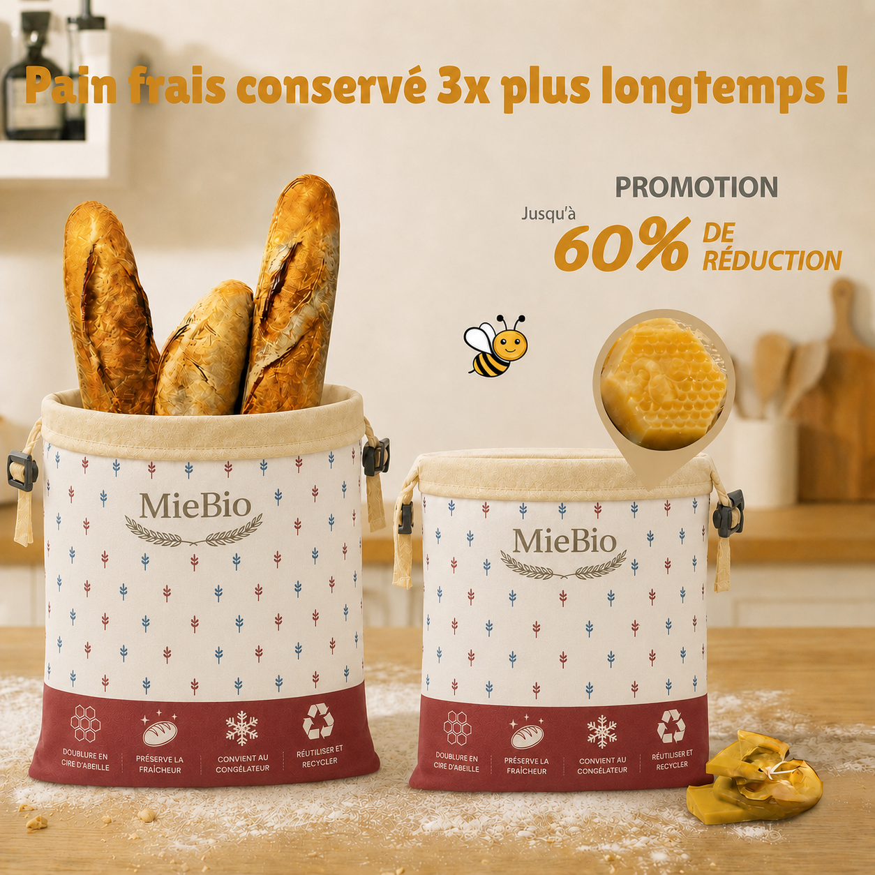 Sac à pain MieBio posé dans une cuisine avec pains au levain